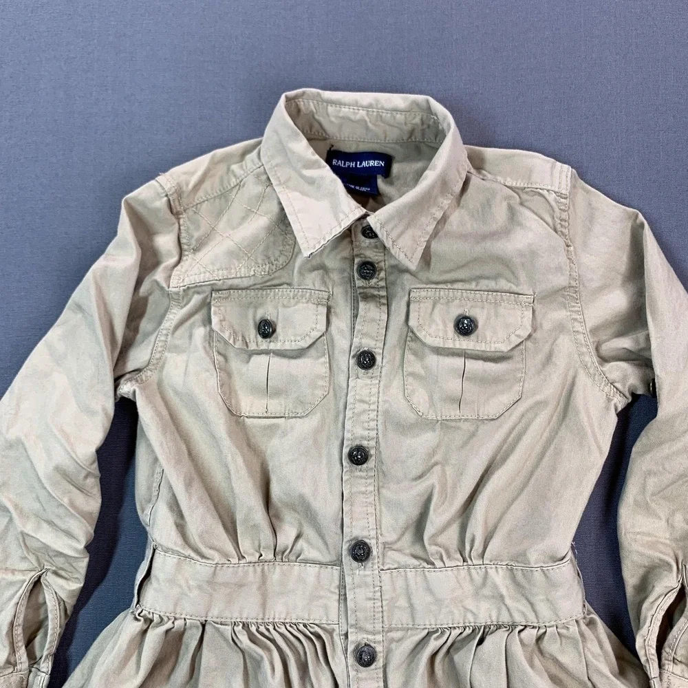 Ralph Lauren Shirt Dress Girls 6 Beige Twill Long Sleeve Button Front‎ Casual